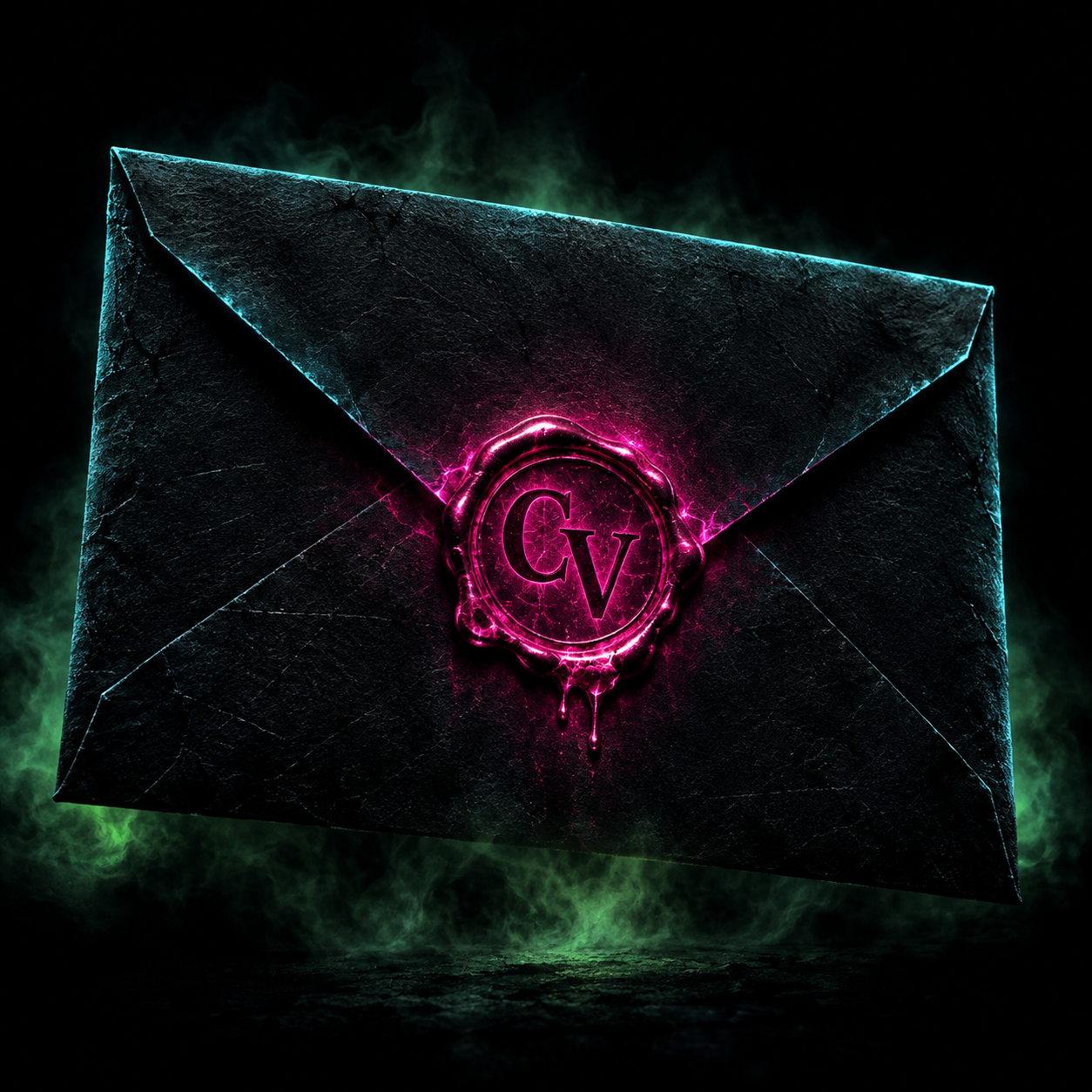 Black envelope with a glowing magenta CV seal and cyan neon edges